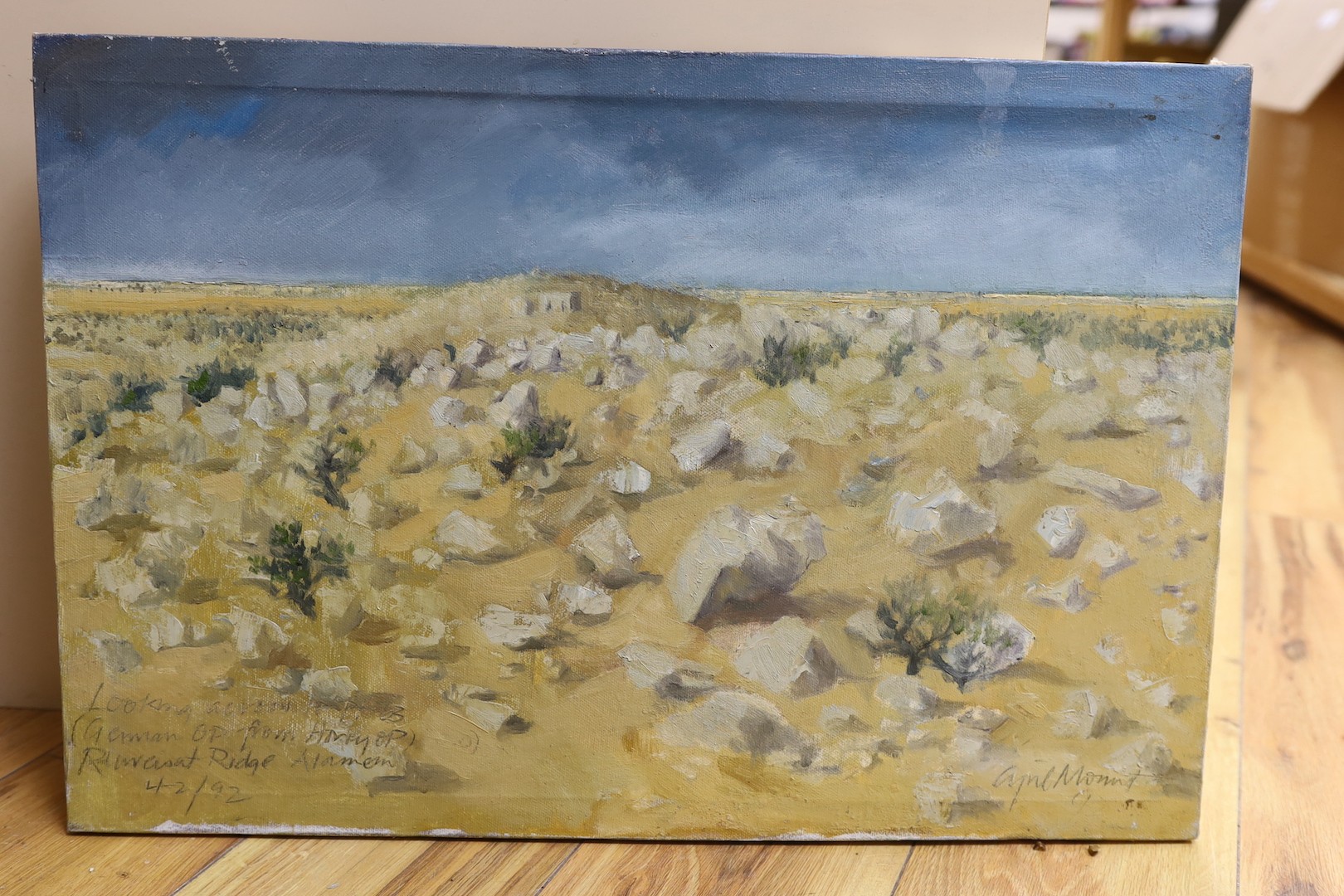 Cyril Mount (1920-2013), pair of oils on canvas, Views near El Alamein, inscribed in pencil, 40 x 60cm, unframed